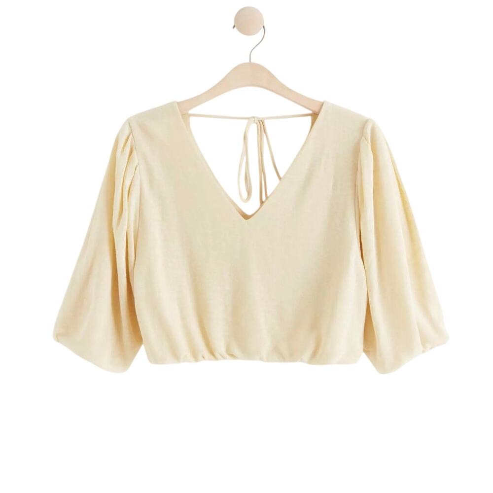 Lindex light Yellow Cropped Puff Sleeve Top Womens Medium cottage festival boho